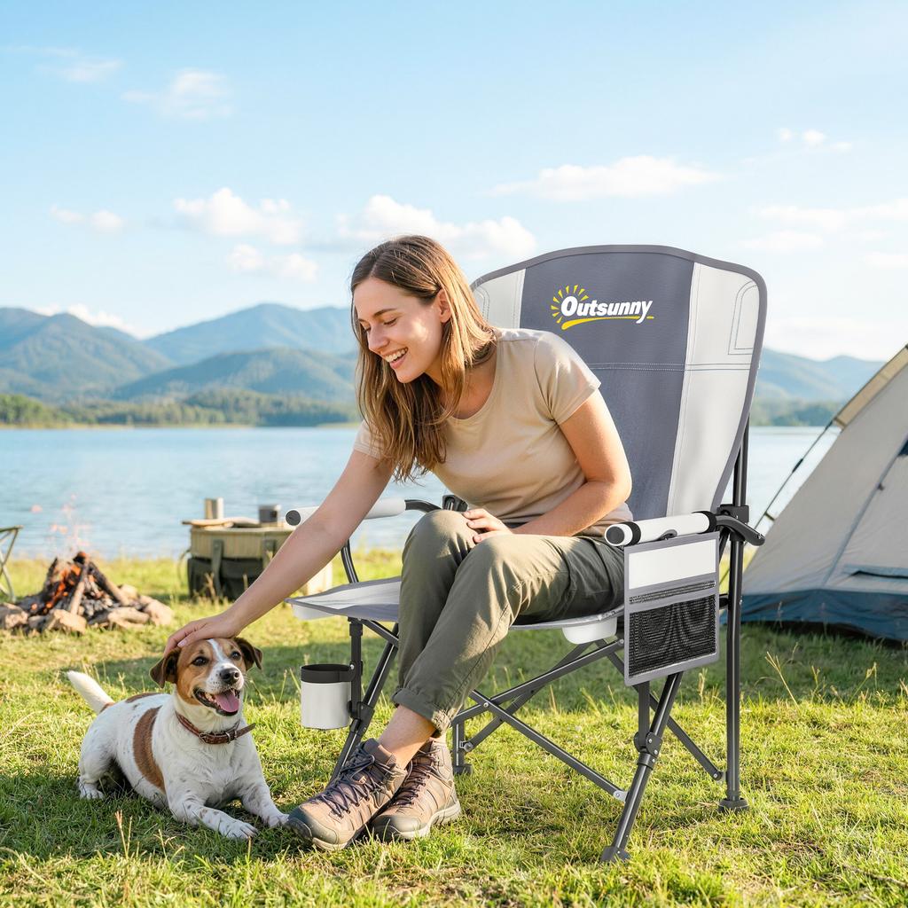 Padded Camping Chair Adults Heavy Duty Folding Chair Side Pocket Cup Holder Carry Bag Outdoor Light Grey