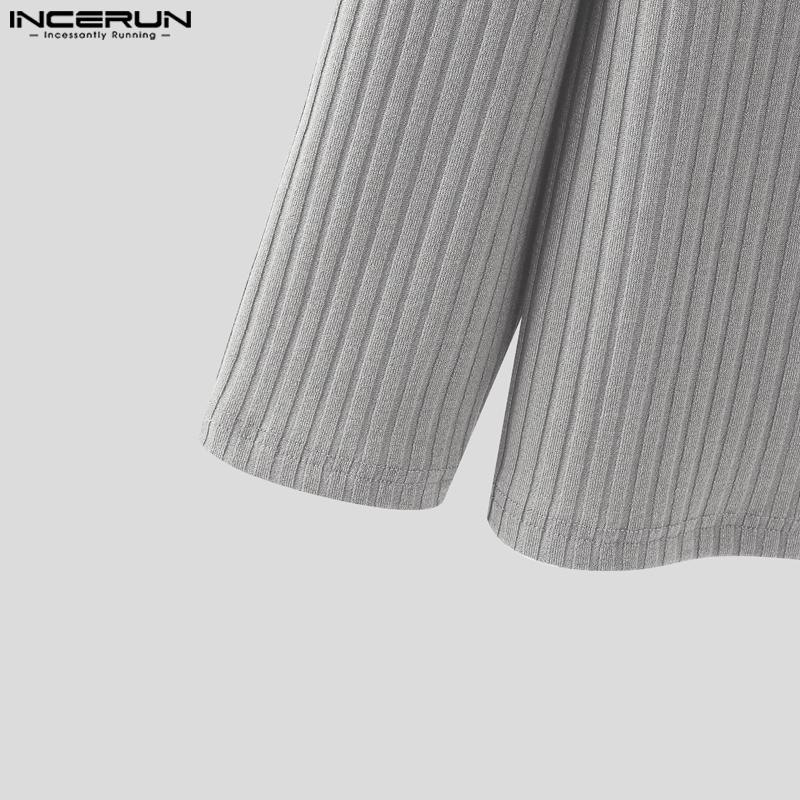 INCERUN Autumn Winter Men Lapel Neck Long Sleeve Casual Texture Rib Pullovers Tops