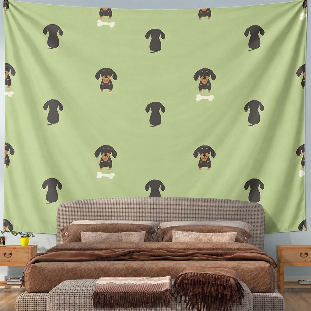 Dachshund Dog Silhouette and Bone Seamless Pattern Wall Tapestry Green Pet Lover Decor for Bedroom Living Room Gift