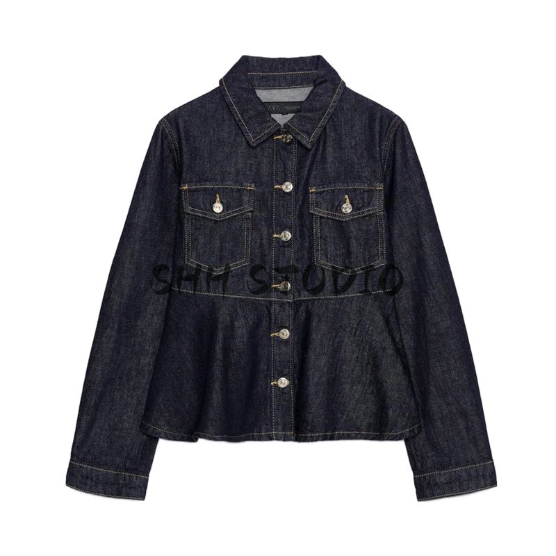 Fall New Women's Clothing French A- Line Hem Lapel Bubble Long Sleeve Denim Jacket Coat 6147183