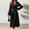 Spring and Summer Fashion V-Neck Lantern Long Sleeved Dress with Twisted Edges, Elegant Mid Length Dress
