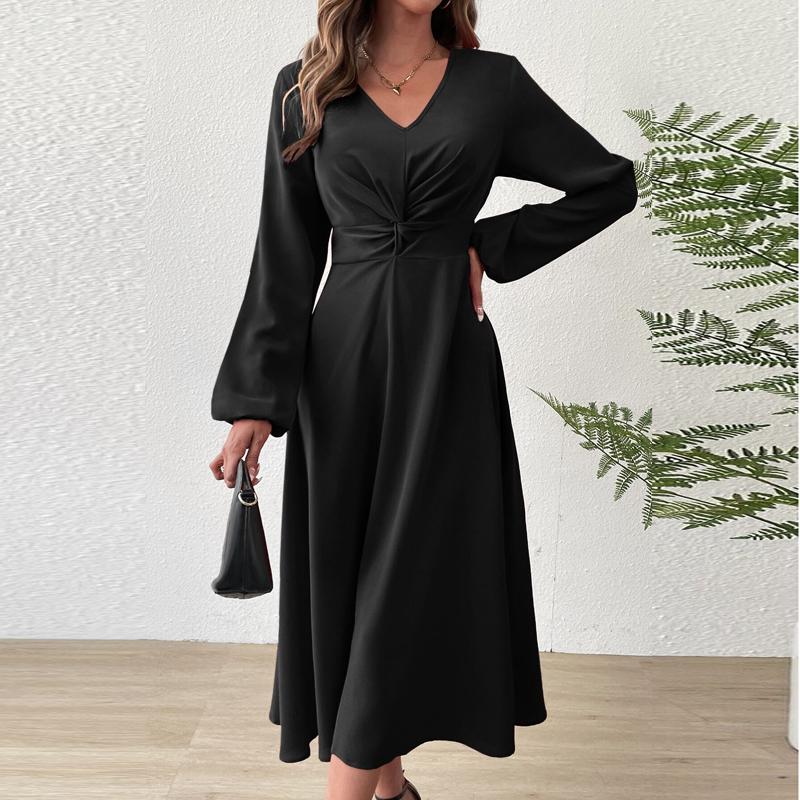 Spring and Summer Fashion V-Neck Lantern Long Sleeved Dress with Twisted Edges, Elegant Mid Length Dress