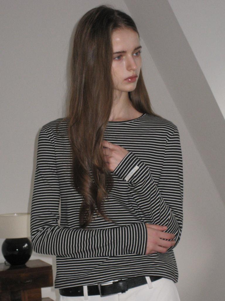 WAVE UNION Stripe Slim Fit Longsleeve T-Shirt Black Ivory