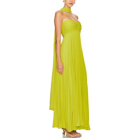 Women's Strapless Tube Top Maxi Dress Off Shoulder Pleated Long Dress with Neck