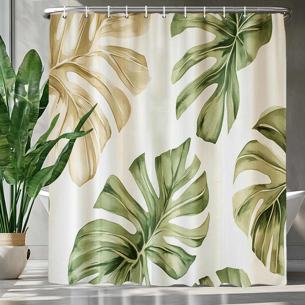 Green Leaves Monstera Plants Printed Shower Curtain Bathroom Curtain,Hanging Curtain With 12 Hooks Decoration Machine Washable