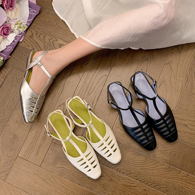 Korean Version T-shaped Rear Hollow Flat Heel Bag Head Sandals 2025 Summer New Women's Shoes Cowhide Square Head Hollow Shoes Women's Sandals