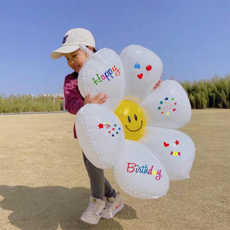 White Daisy & Sunflower Balloons - Birthday Decorations & Photo Props with Smiley Faces