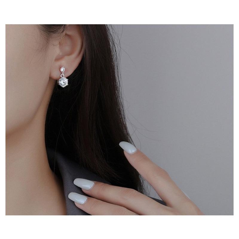 Women Inlaid Shining Zircon Double Zirconia Sterling Silver Pin Geometric Fashion Earrings