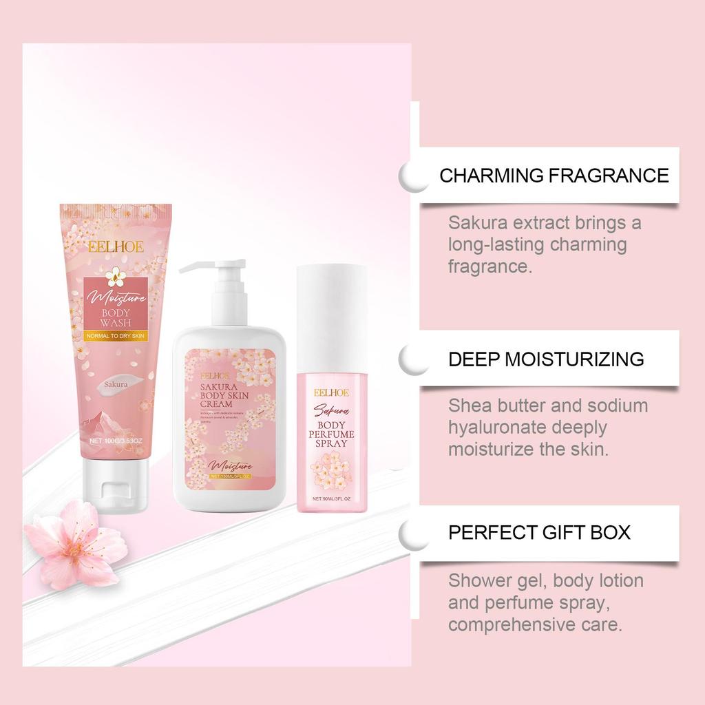 EELHOE Set Îngrijire Corp Floare de Cireș Curățare Delicată, Hidratare, Hidratare, Hrănire & Parfum Proaspăt