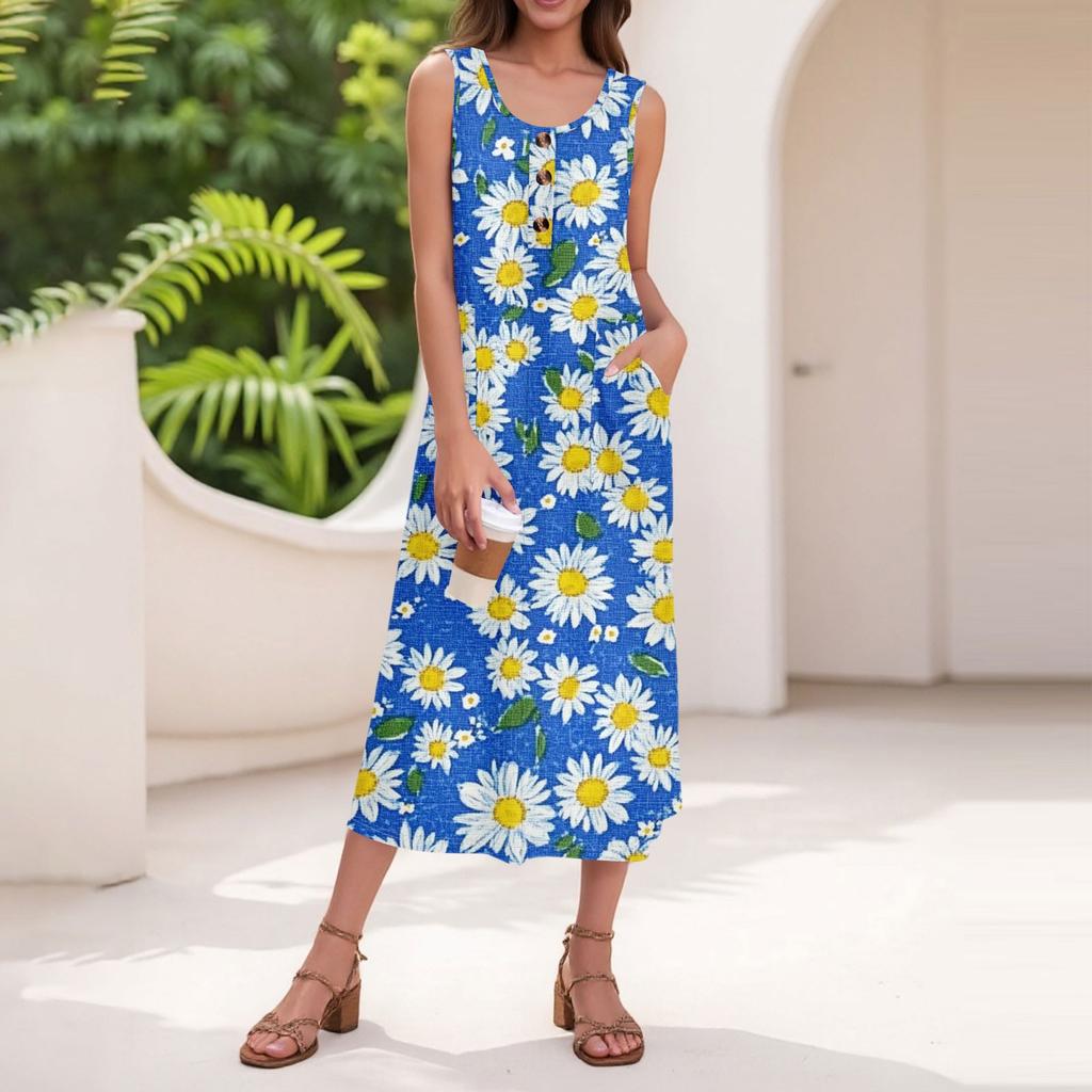 Women's Summer Casual Fashion Floral Print Sleeveless Button Casual Long Dress
