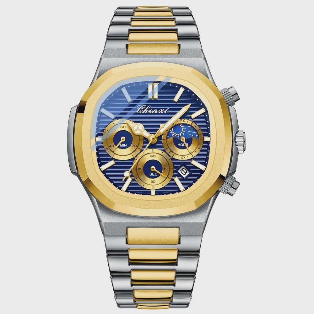 Men's Multifunction Quartz Watch Chronograph Luminous Water-Resistant Luxury Golden Steel Bracelet Men Moonswatch