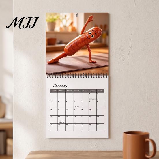 Coated Paper Wall Calendar Sausage 2027 Calendar, Funny Figure 12 Month Planner Creative Home Office Decor with Spiral Binding, Novelty Hanging