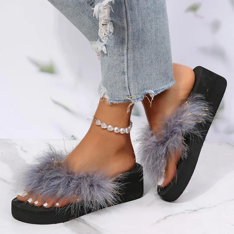 Fashion Women's Slippers with Faux Fur Non Slip Platform Wedges Flip-Flops for Woman 2025 Fashion Summer Vacation Beach Sandals Mujer
