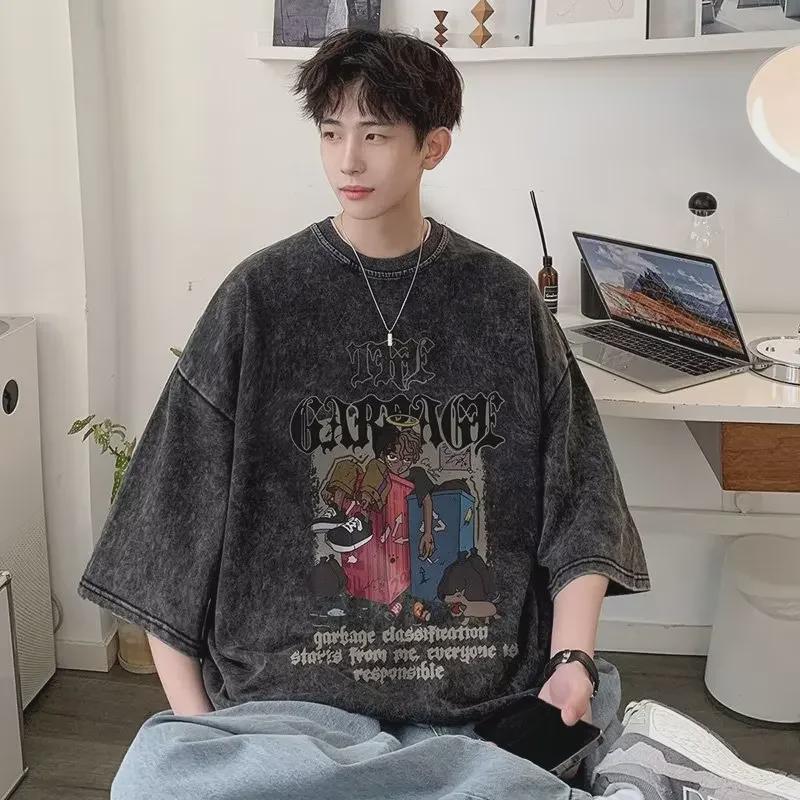 European & American High Street Retro Washed Hip-Hop T-Shirt - Men’s Summer West Coast Cotton Heavyweight Short Sleeve