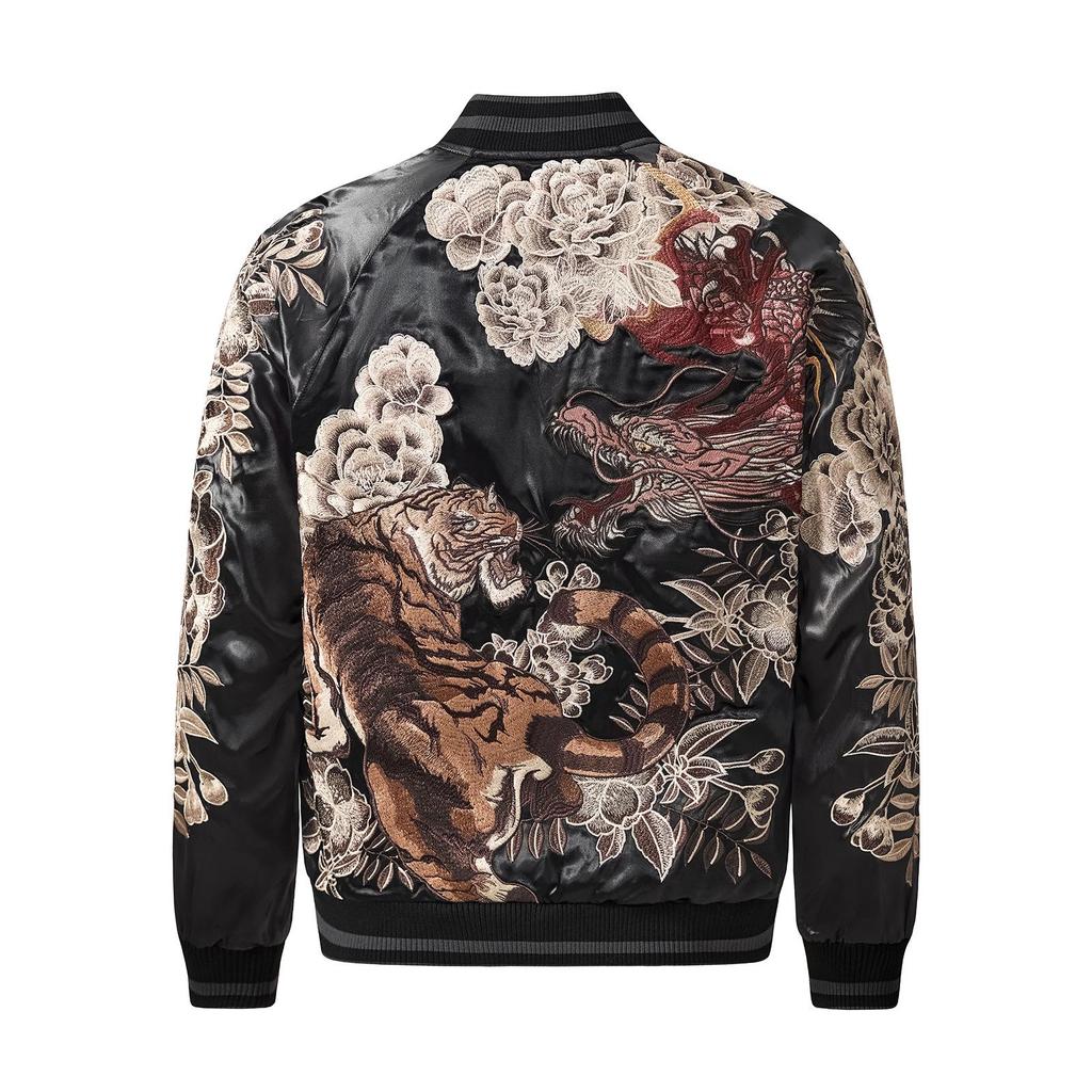 Huaxia Junpin Embroidered Dragon Tiger Baseball Jacket - Heavy Duty Chinese Style Outerwear, S108