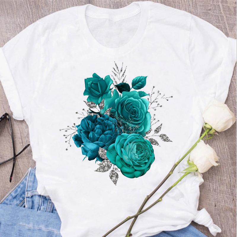 Women's Tops Fashion Flower Floral Print Lady T-shirt Casual Short Sleeve Aesthetic Clothes Shirt T-shirts Female Tops Tees