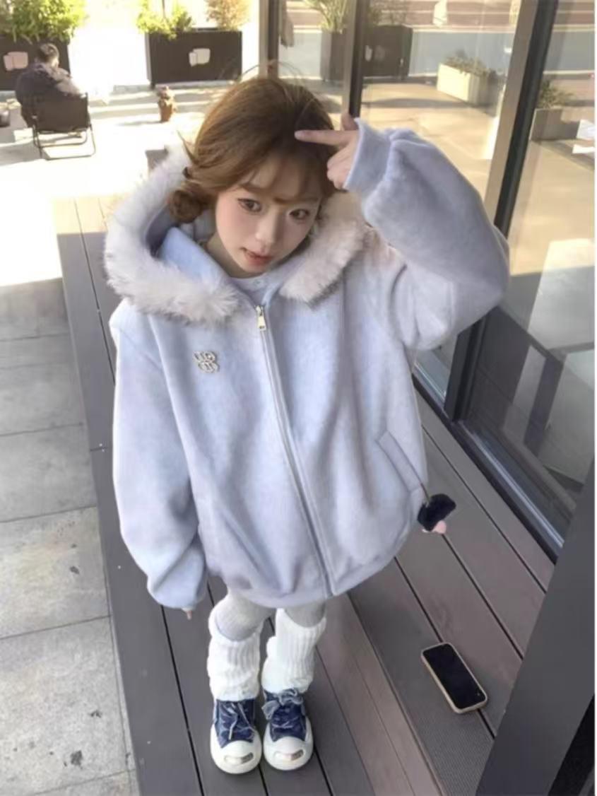 

Women s Slimming Blue Hooded Coat with Faux Fur Collar - Trendy, High-End and Warm for Spring & Autumn Large