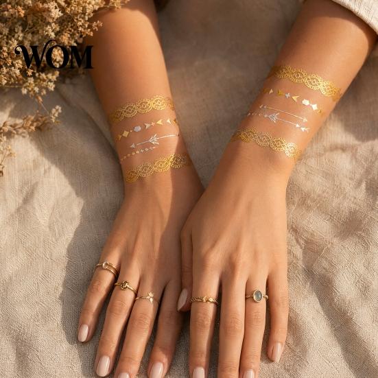 Decorative Body Art Decals Golden Silver-color Metallic Tattoo Sticker for Women Girls, Temporary Hypoallergenic Stickers Face Arm Decoration,