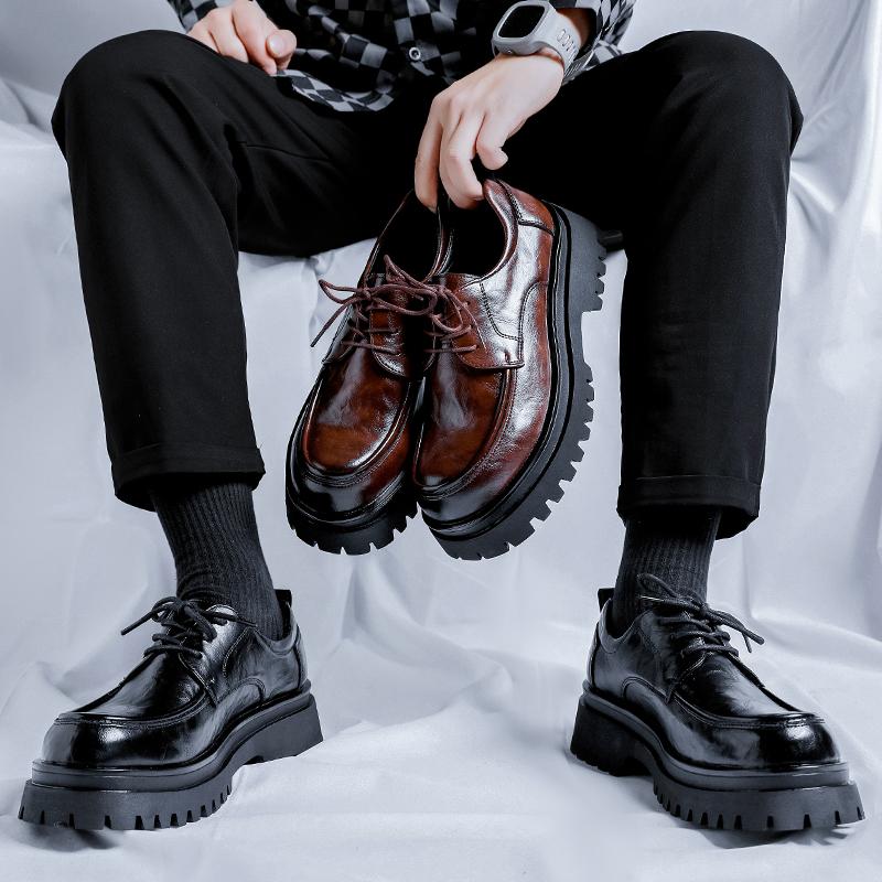 FashionMen Leather shoes outdoor fashion Platform Oxfords Slip on Thick Tottom Derby Shoes Casual Mens round Toe Formal Dress Shoes men