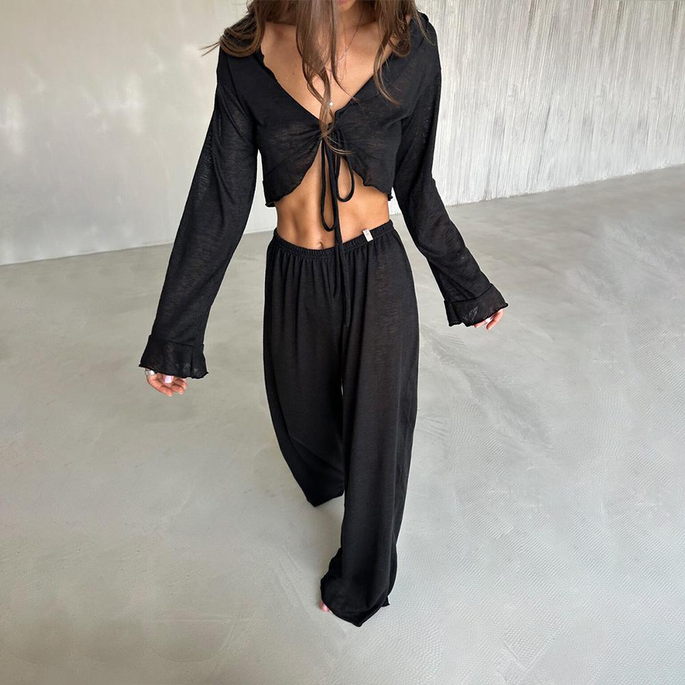 Women's 2 Piece Outfits Pajama Sets Long Sleeve Lounge Sets Pjs Sleepwear Sexy Drawstring Crop Tops and Soft Wide Leg Pants Slouchy Set for Women
