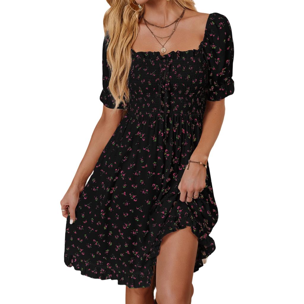 Women's Dress Casual Floral Pattern Belted Short-sleeved Dress