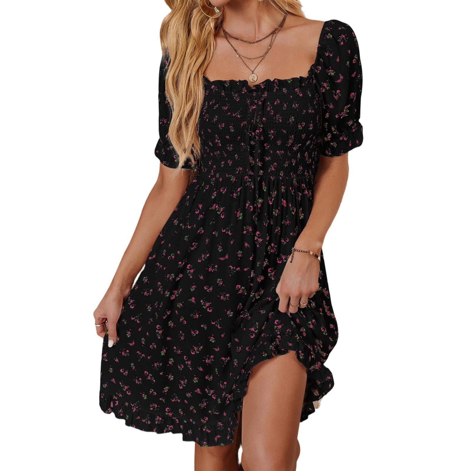 Women s Dress Casual Floral Pattern Belted Short-sleeved Dress L чёрный