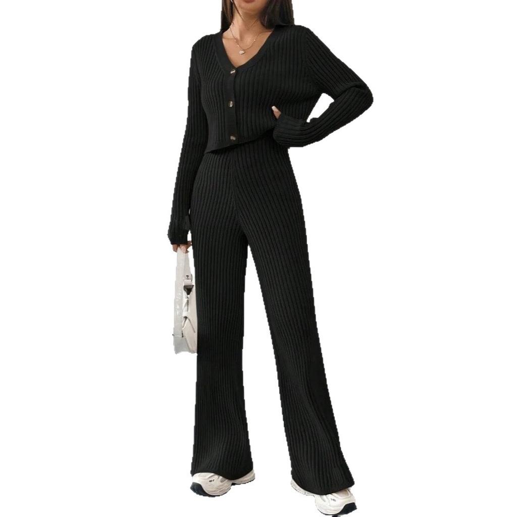 Europe, America, autumn and winter high-end women's sweater fashion wide-leg pants V-neck short knitted cardigan two-piece set