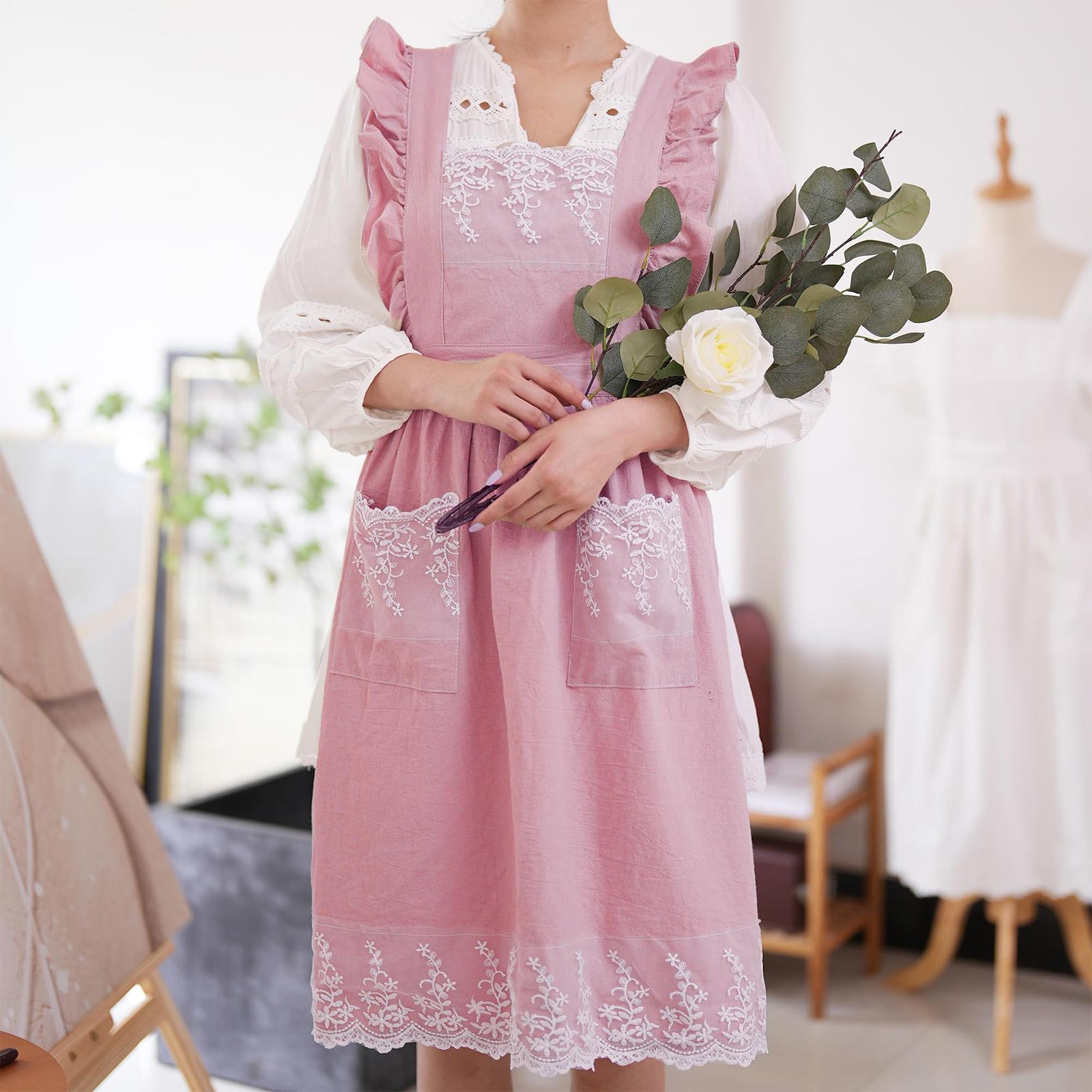 

Leisure And Fashion Home Floral Art Japanese Gardening Baking Lace Sleeveless Apron One Size розовый