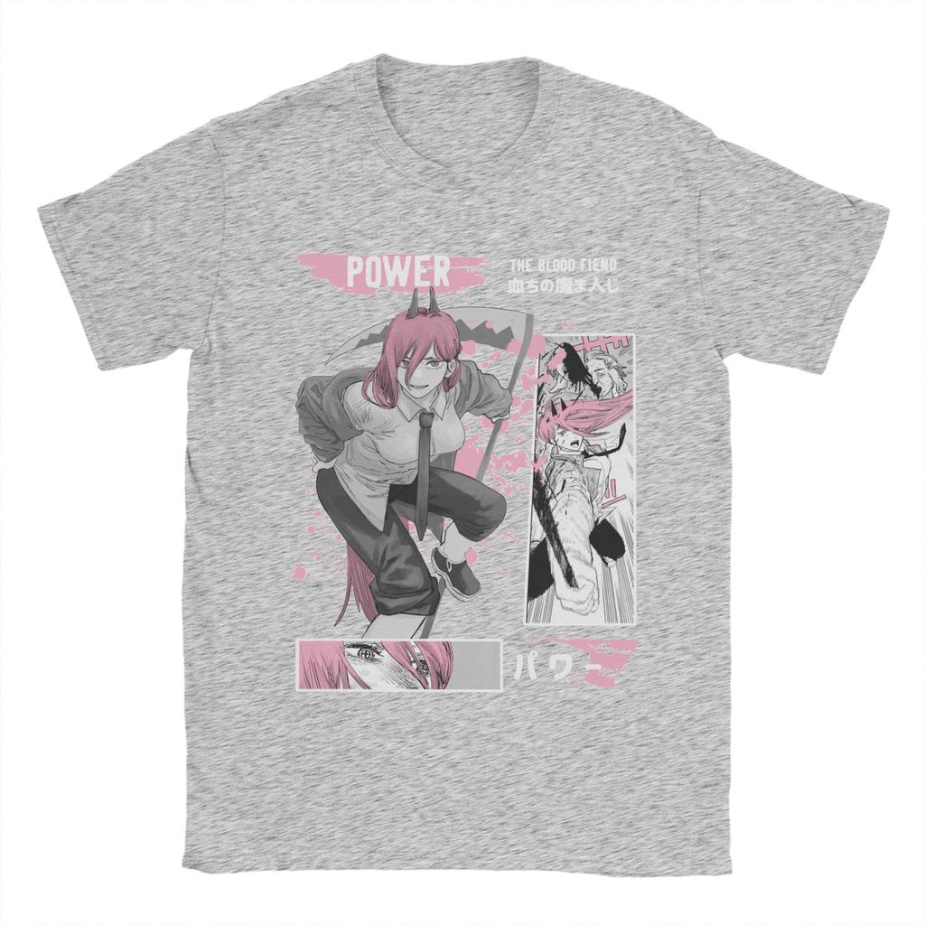 Novelty Power Chainsaw Man T-Shirt for Men O Neck Pure Cotton T Shirts Anime Manga Short Sleeve Tees Plus Size Tops