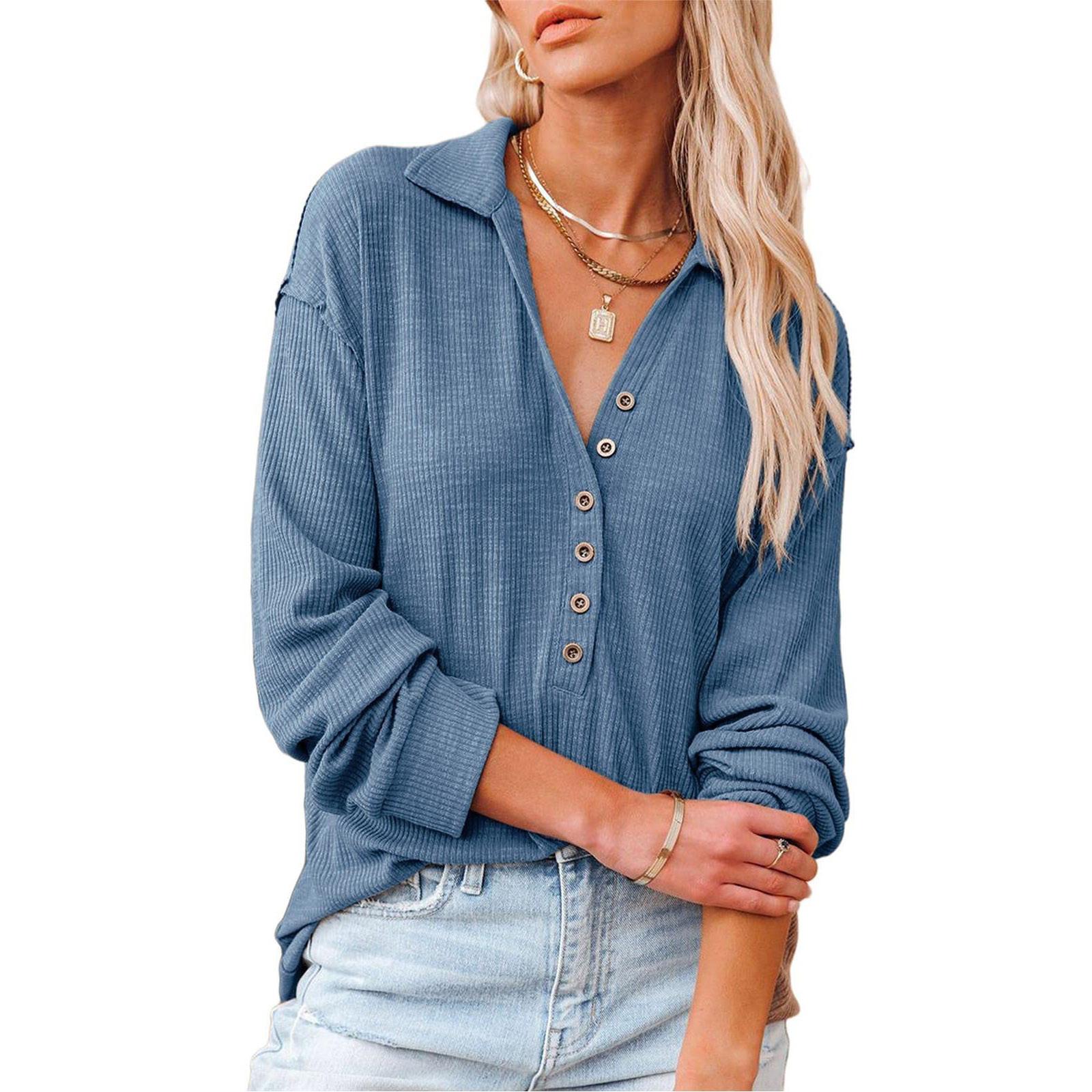 Women s V-Neck Long Sleeve Pullover Lapel Sweatshirt Buttons Sweater Blouse M синий