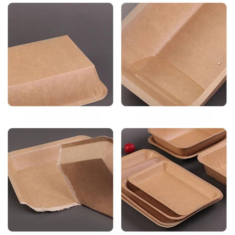Disposable Food Grade Kraft Paper Lunch Box Waterproof Oil-proof Square Paper Plate Snack Tray Thickened Fruit Barbecue Plate
