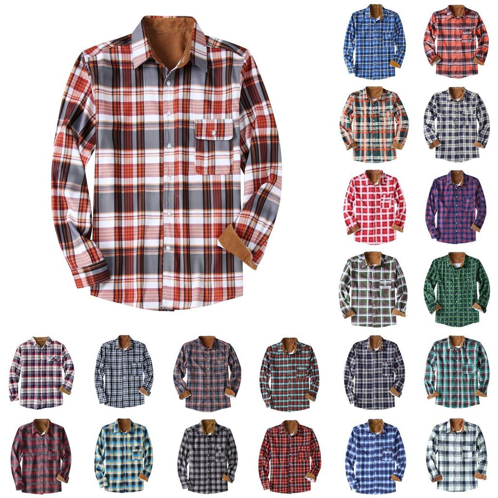 Men's Fashion Casual Loose Plaid Pocket Lapel Long Sleeve Shirt Top Blouse