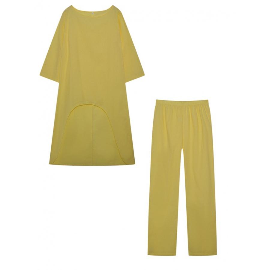 

New Women s Cotton Linen Fashion Casual Plus Size Irregular Long Sleeve Set Wide Leg Pants Two Piece Outfit 3XL жовтий