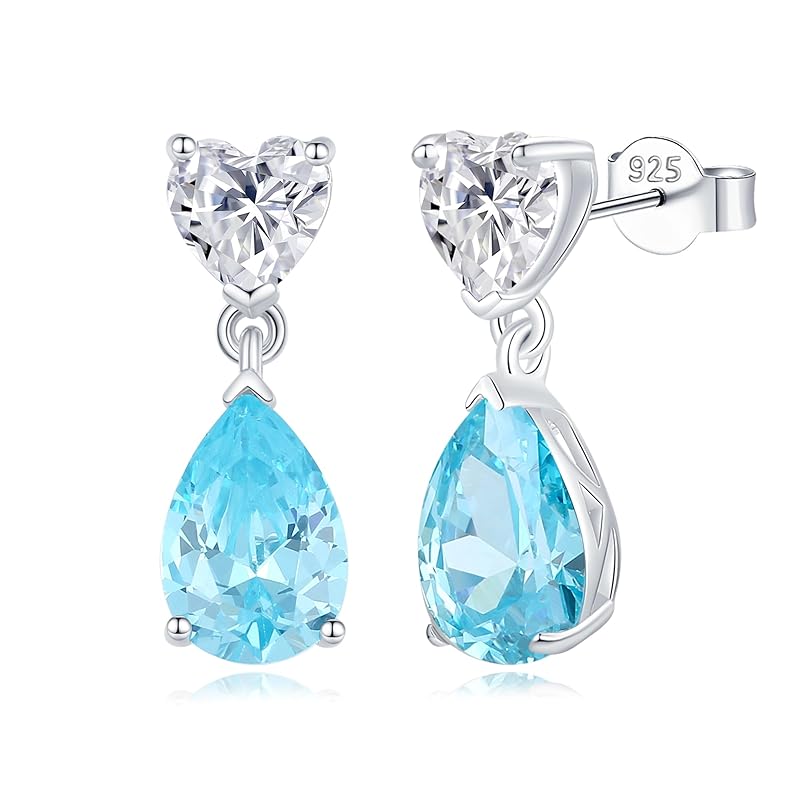 

[FANCIME] birthstone earrings ladies March aquamarine drop heart motif zirconia silver S925 amulet stone accessories Christmas birthday present gift