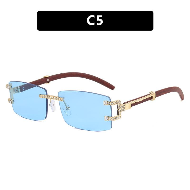Unisex Rectangle Rimless Women Wood Leg Luxury Brand Designer Trendy Retro Frameless Sun Glasses UV400