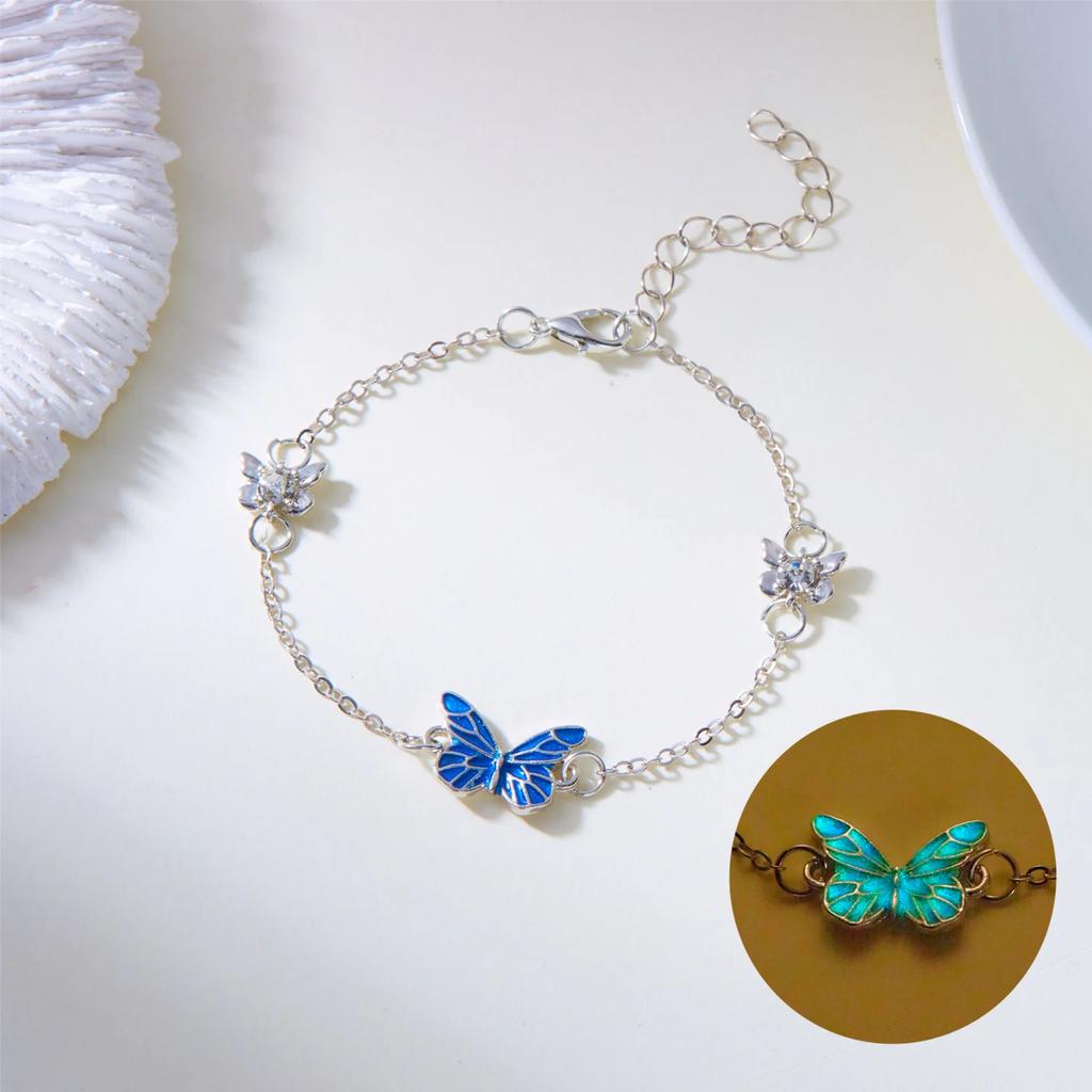 Vintage Luminous Butterfly Pendant Necklace and Bracelet for Women Glow In The Dark Christmas New Year Party Jewelry Gift