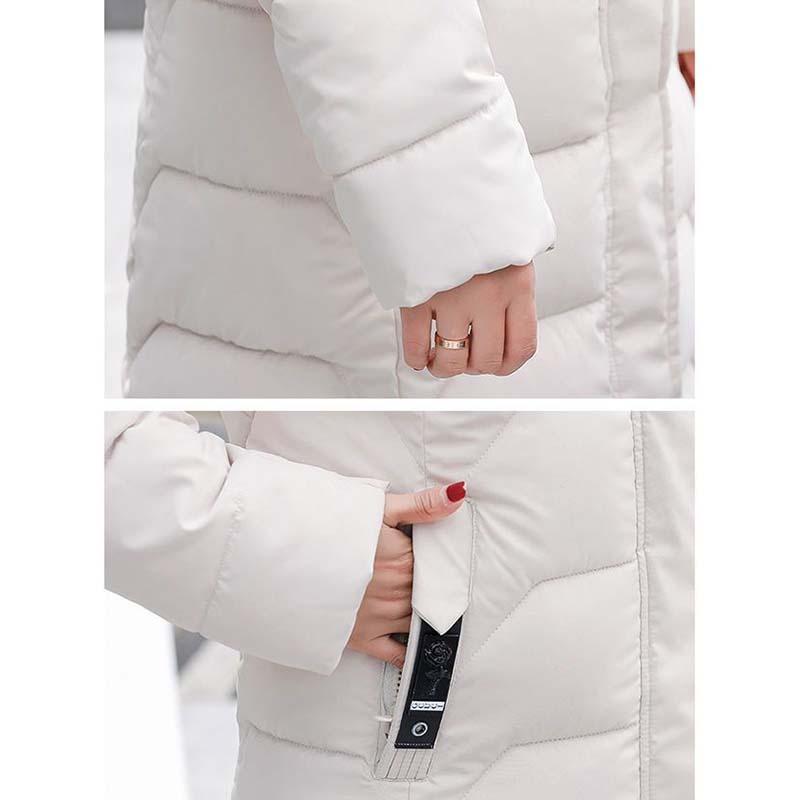 Winter Hooded Slim Down Cotton Jacket Solid Color Fur Collar Thick Parkas Coat Middle-aged Mother Warm Over-The-Knee Overcoat