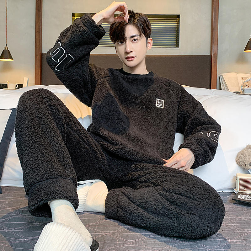 Winter Men Fleece Casual Long Sleeve Pajamas Set Coral Velvet Cute Cartoon Sleepwear Plush Thicken Warm Homewear