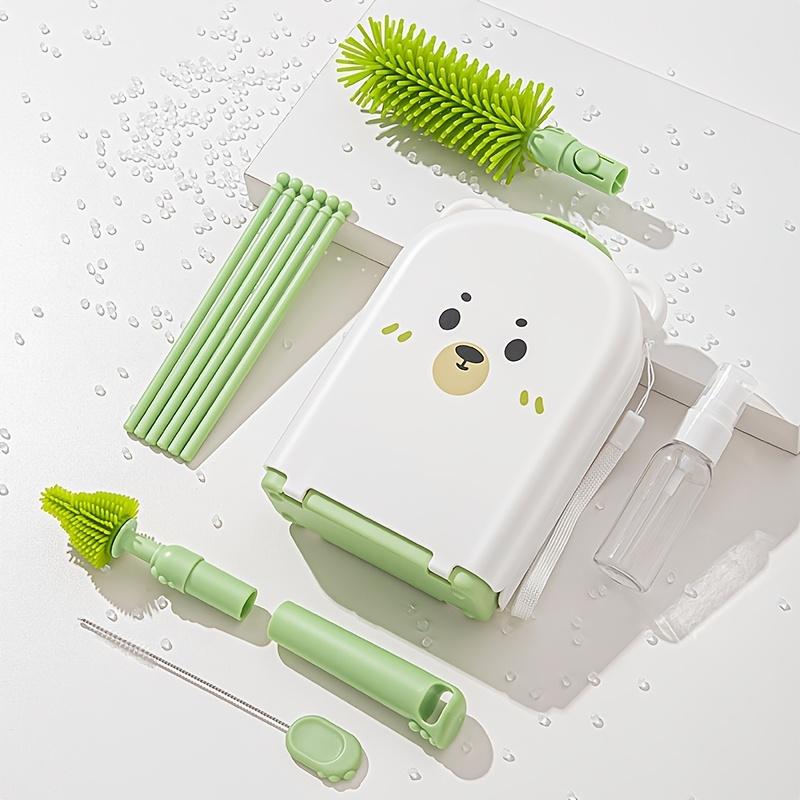 Silicone portable bottle brush special for washing, drain rod storage box set, travel cleaning brush set, teddy bear portable cleaning brush