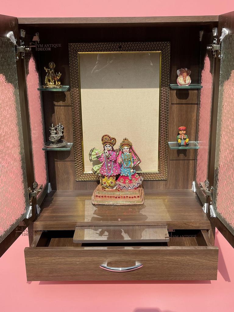 Wooden Pooja Mandir | Handicrafted Home Temple | Indian Prayer Altar with Doors | Wall With Glass Pooja Cabinet | Traditional Hindu Mandir