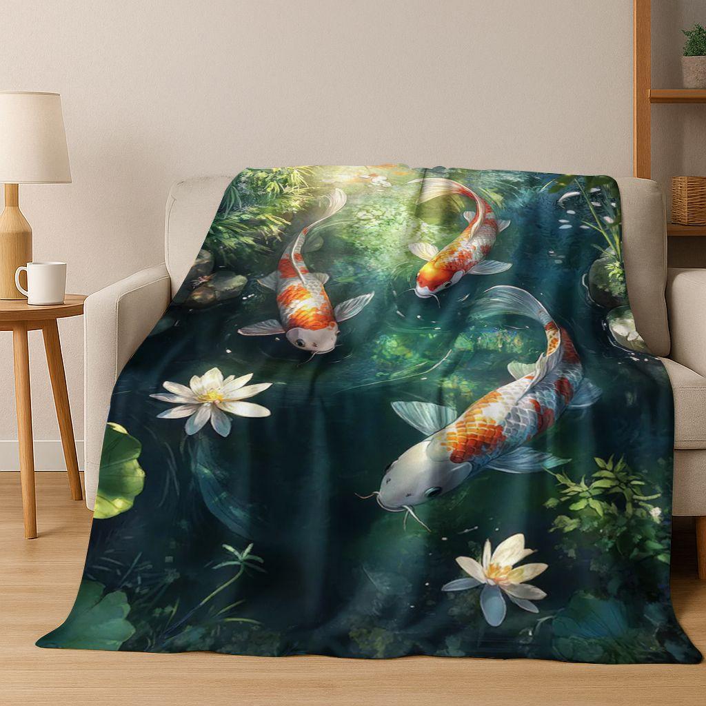 Luxuriöse Glückskarpfen Yin Yang Karpfen Cartoon Flanell Decke, Gemütliche Weiche Überwurfdecke für Zuhause Schlafzimmer Bett Sofa Abdeckung Geschenk Kind