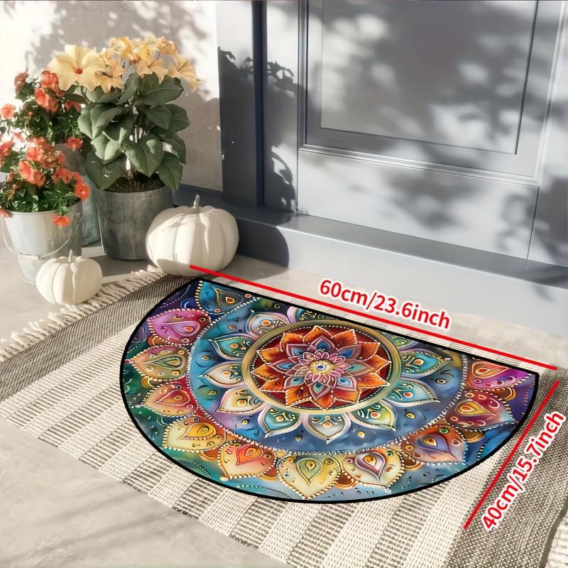 Colorful Ethnic Style Flower Semi-Circular Carpet Soft Non-Slip Decorative Mat 2D Print Aesthetic Rug for Bedroom Balcony Entrance