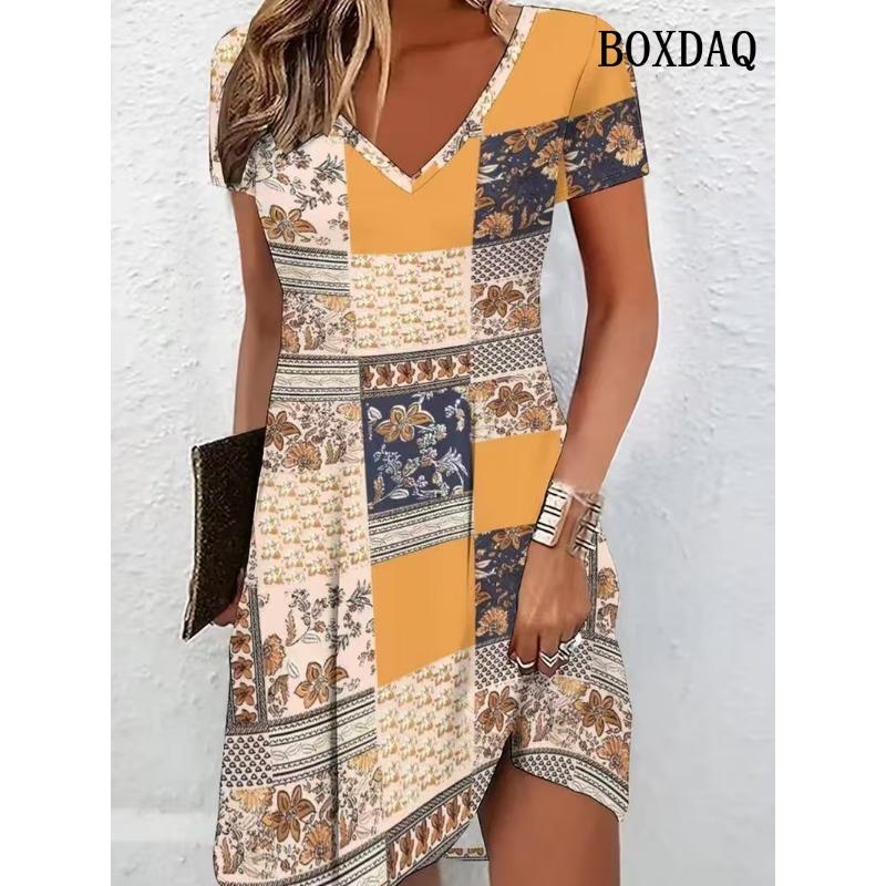 New Women Fashion Striped Dress Plus Size V-Neck Short Sleeved Casual Loose Dress Summer Casual Woman Clothing