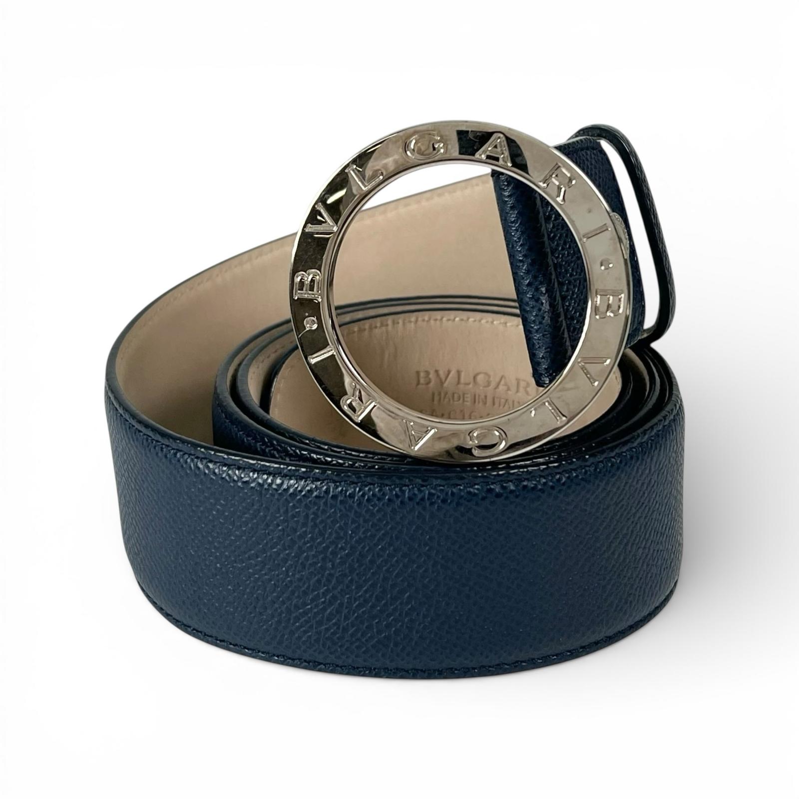 Great BVLGARI belt Bulgari Bulgari Man Navy leather mens 44 39546 Used