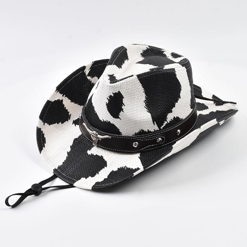 

Cow Print Straw Western Cowboy Hat with Belt Trendy Wide Brim Cowgirl Hat Outdoor UV Protection Beach Hat Can Be Adjusted