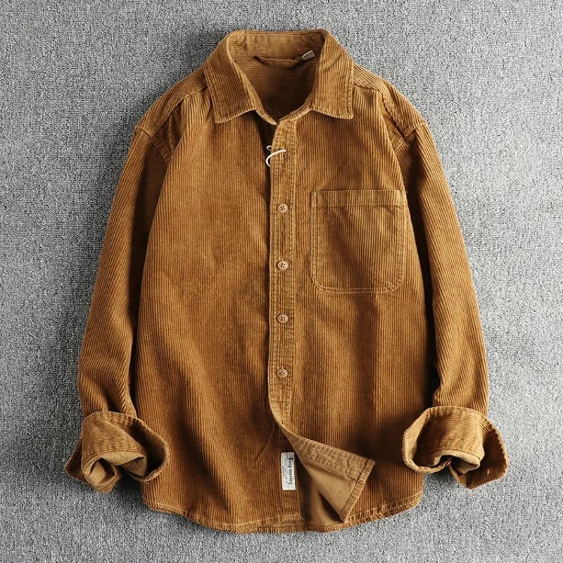 Solid Color Corduroy Vintage Shirt Men Spring Fashion Simple Basic Long Sleeve Blouse America Style Coats