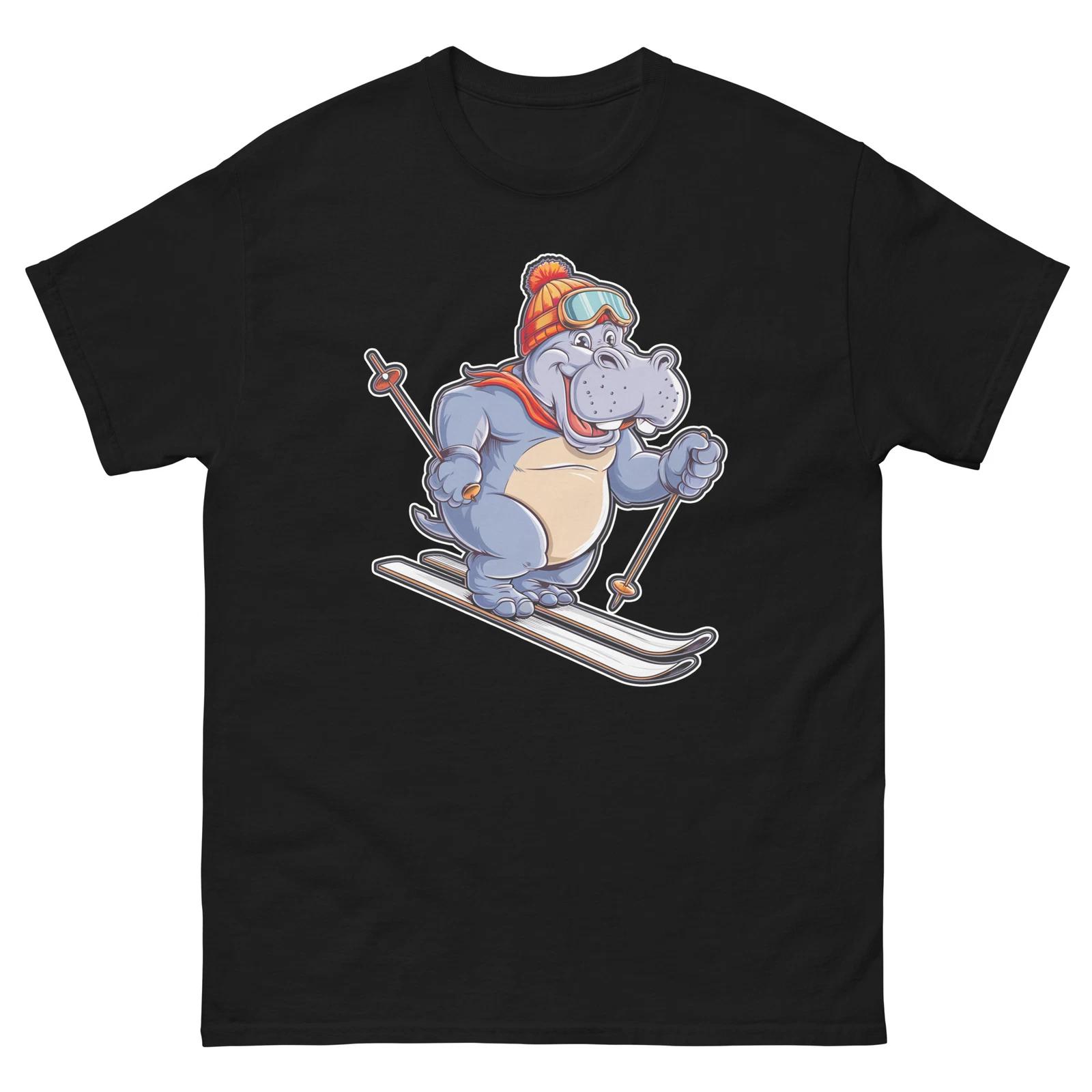 Hippo Skiing Skier Fun Cartoon Ski Shirt T-Shirt L