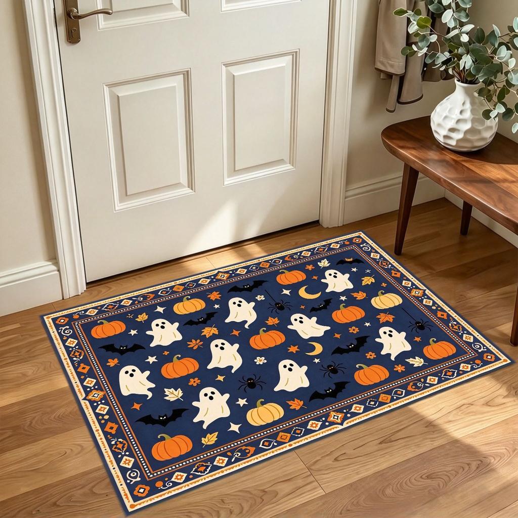 Skeleton Pumpkin Bat Pattern Entryway Rug Halloween Themed Indoor Floor Mat Decorative Doormat for Home Porch Living Room
