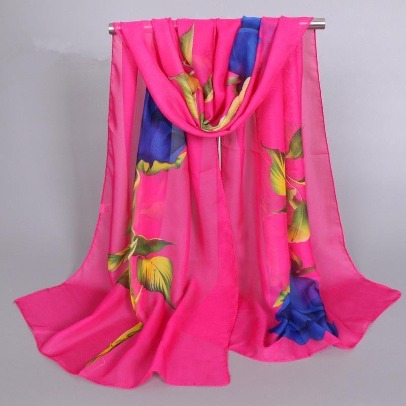 1Pc New Fashion Chiffon Silk Hijab Women's Long Soft Rose Flower Print Scarves Foulard Women Shawls