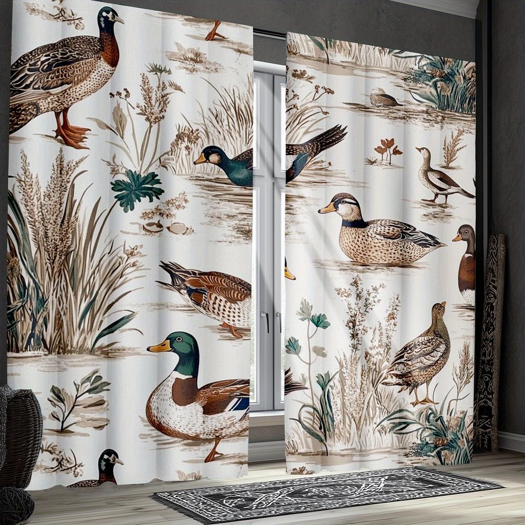 2pcs Elegant Mallard Duck Curtains - Brown & White   Nature-Inspired Design with Reed and Grass Print   Semi-Transparent for Bedro